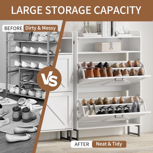 Image of Shoe Cabinet with 2 Flip Drawers, Freestanding Hidden Shoe Storage Organizer for Entryway, Narrow Slim Shoe Rack Cabinet with Open Storage & Hooks for Front Door Entrance, Living Room, Hallway, White