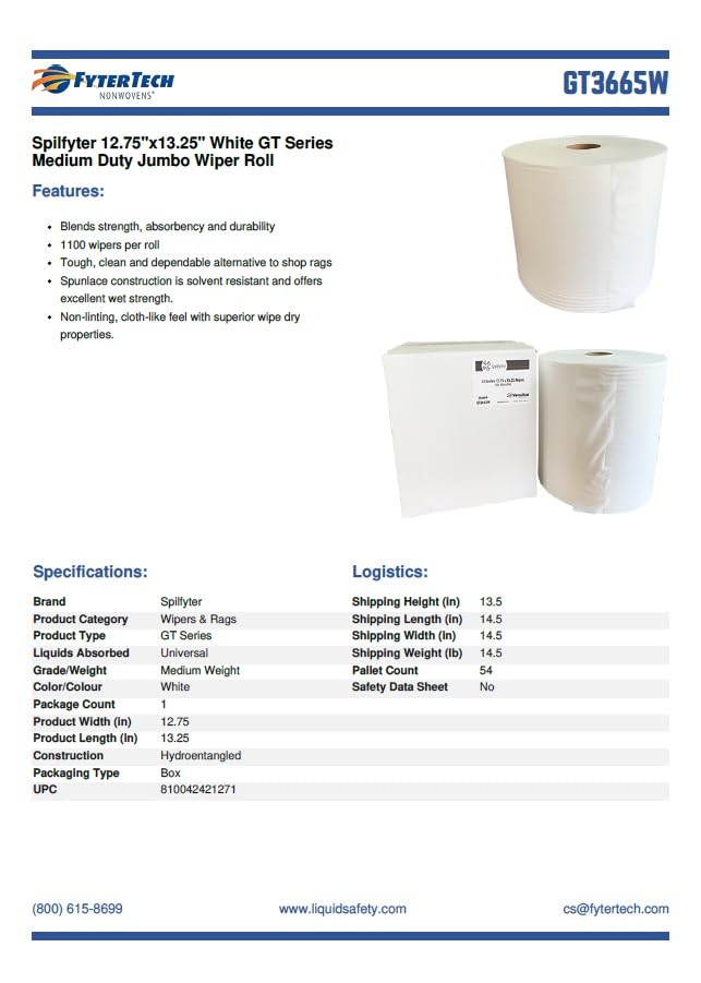 Miniatura 4 de Spilfyter GT3665W 12.75"x13.25" White GT Series - Rollo de limpiaparabrisas jumbo de servicio mediano