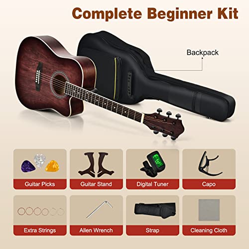 Costzon 41” Full Size Cutaway Acoustic Guitar Set, 6-String Dreadnought Starter Guitarra Bundle Kit W/Gig Bag, Strap, Tuner, Capo, Picks, Extra Strings & Stand For Beginner Adult (Red) #TOP5