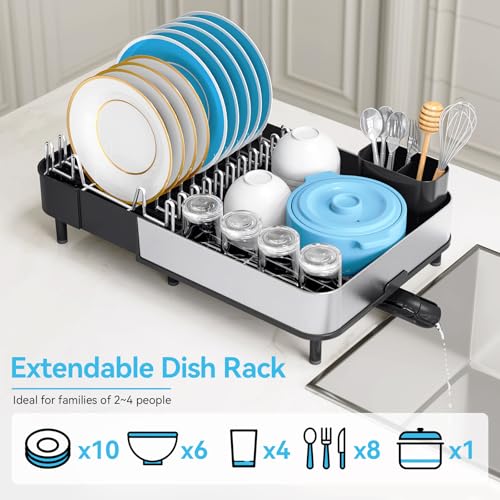 Image of Urackify Dish Drying Rack - Dish Drainer for Kitchen Counter, Stainless Steel Dish Rack with Swivel Draining Spout & Drain Board, Expandable Space-Saving Kitchen Dish Organizer for 3-4 People, Black