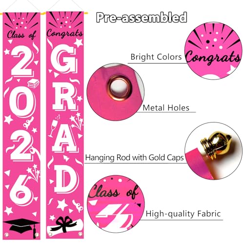 Image of Graduation Porch Banner Class Sign Congrats Grad Hanging Flags High School College University Party Decoration For Front Door Outdoor Deep Pink
