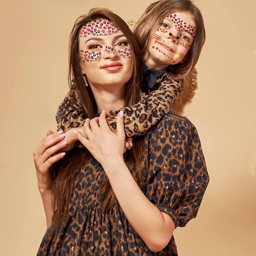 Image of 8 Sheets Gold Glitter Leopard Face Temporary Tattoos Stickers, Glitter Fake Cheetah Face Whisker Tattoos Stickers for Halloween Costume Makeup for Kids Adults Women Men