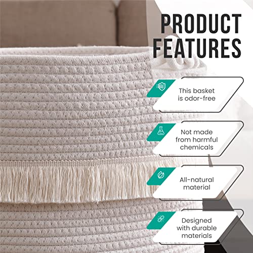 Organizix Round Woven Boho Cotton Rope Storage Tassels Basket, Laundry Basket Hamper, Decorative Fringe With Knot Handles, Toys And Blanket Basket For Nursery, Cream, 13 X 16 #TOP3