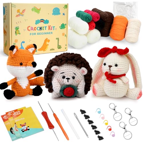 PIPAPI Crochet Kit for Beginners, 3 Pattern Animals-Fox, Hedgehogs, Rabbit, Knitting Kit for Adult Kids with Step-by-Step Video Tutorials, Instructions and Yarns, Hook, Accessories