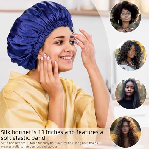 Image of Go Well Satin Bonnet for Curly Hair with Free Silk Pillow Covers and Scrunchies | Silk Bonnet for Hair | Combo of Pack of 2 Satin Pillowcases with 3 Silk Scrunchies Adjustable HairCap (Nevy Blue)