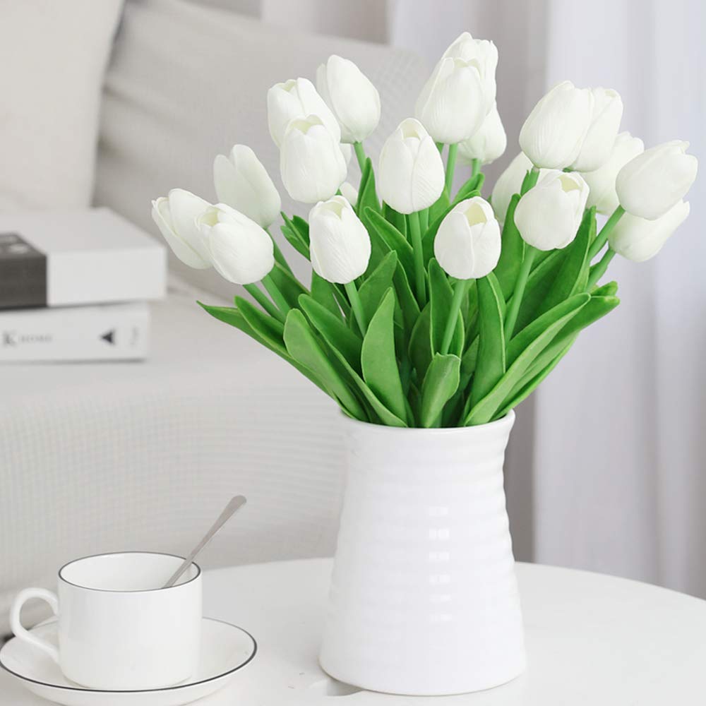 Veryhome Tulpen Künstlich Wie Echt Künstliche Tulpen Blumen Latexmaterial Real Touch Blumensträuße für Hochzeitszimmer Zuhause Hotel Partydekoration DIY Dekor （ Weiß - 20Stück ） (Packung mit 2)