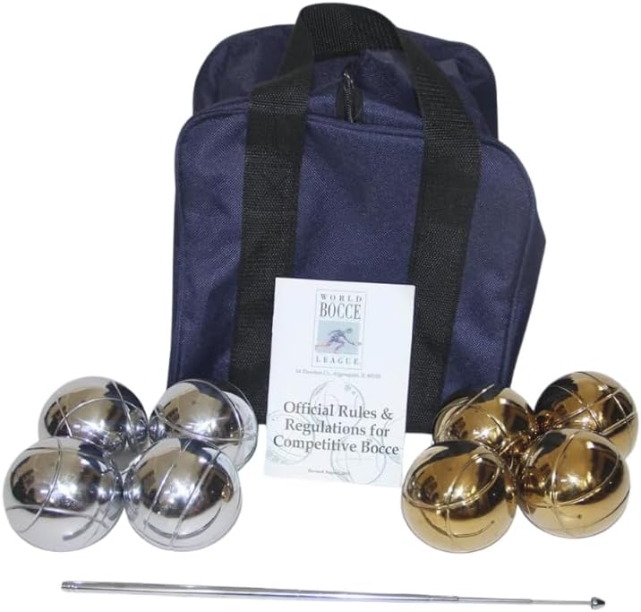 BuyBocceBalls Listing - Unique 73mm Petanque/Bocce Pack - with Mix of 8 Gold/Silver Balls, Blue Nylon case, Rule Book and extendable Measuring Device