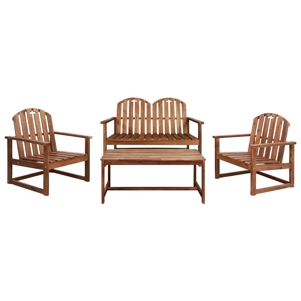 Salon de jardin 4 pièces en bois d'acacia massif avec table, banc et chaises extérieur