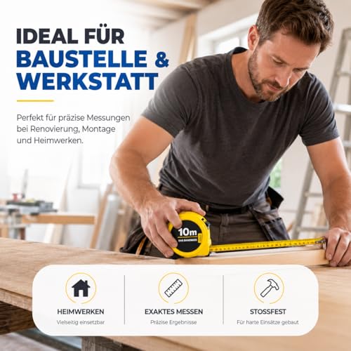 Premium Bandmaß 10 Meter mit Halterung - robustes Maßband & Bandmass zum präzisen Messen mit Feststeller - Rollmassband & Massband mit Aufrollsystem