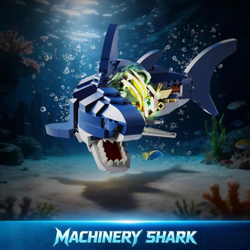 Image of SKY LINE OCEAN Mechanical Shark Building Blocks Set (687+ PCS) | Complex for Ages 14+ | Rotatable Sea Animal Model with Display Stand | STEM Construction Toy | 5 Year Structural Warranty