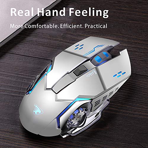 TENMOS T85 Mouse Gaming Wireless Ricaricabile, 2,4G USB LED Mouse Senza Fili Ottico, Sleep Automatico, Impugnatura Ergonomica, 3 DPI Regolabili, 6 Pulsanti per PC/Notebook (Argento)