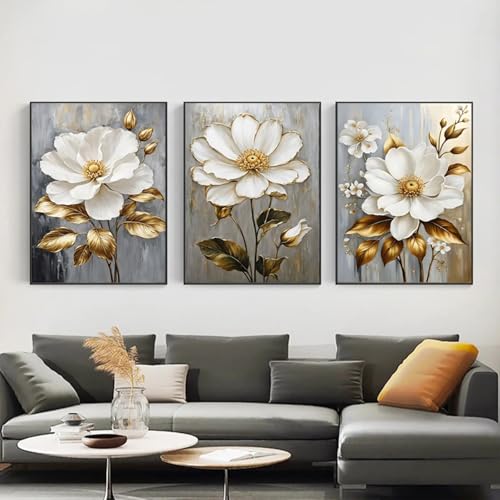 Poster quadri floreali bianchi grand tableau salon moderne toile fleur dorée - 3