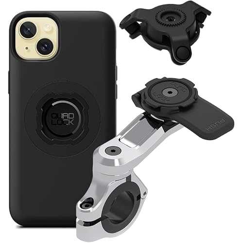 Quad Lock Motorcycle Handlebar Phone Mount PRO Chrome with Vibration Dampener and MAG Phone Case for iPhone 15 Plus
