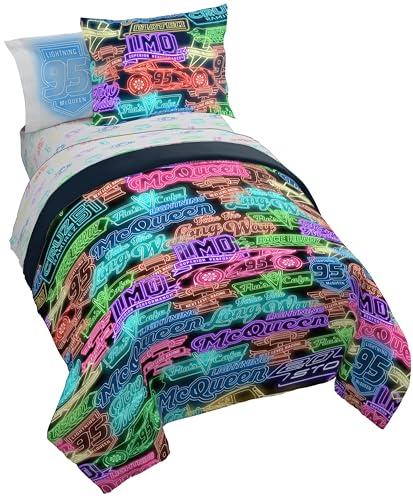 Image of Disney Pixar Cars McQueen Twin Comforter Set 5 Piece Kids Bedding, Black | Neon Racecar, Bed in a Bag, Comforter Sheets Sham Pillowcase, Official Product, Soft Microfiber, Machine Washable, Boys Gift