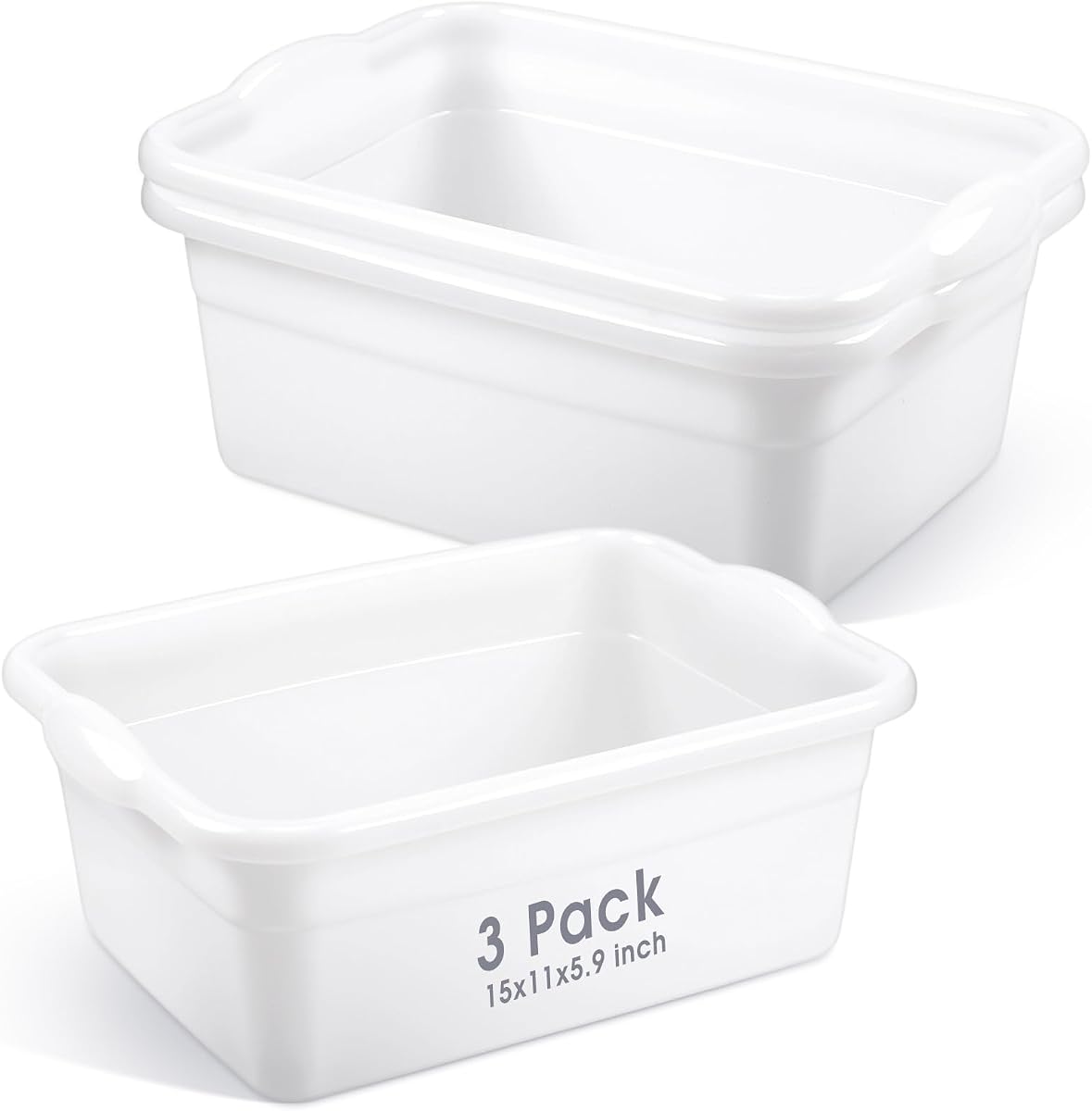 Honeydak 3 Pack Dish Pans for Kitchen Sink, 12 Quart Plastic Wash Basins Tub and Foot Bath for Soaking Feet, Rectangular White Wash Bucket for Washing Storage Cleaning Hospital Laundry Supplies