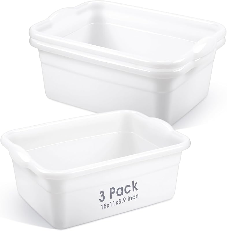 Honeydak 3 Pack Dish Pans for Kitchen Sink, 12 Quart Plastic Wash Basins Tub and Foot Bath for Soaking Feet, Rectangular White Wash Bucket for Washing Storage Cleaning Hospital Laundry Supplies