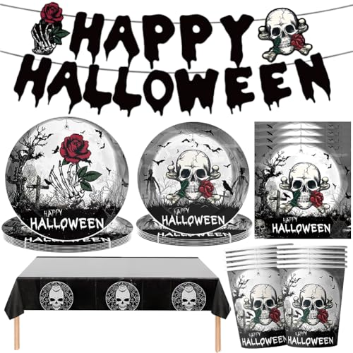 52 Pcs Halloween Tableware Set , Skull Halloween Party Supplies Tableware, Paper Plates, Napkins, Paper Cups, Tablecloth,Banner, Skull Theme Party Decorations