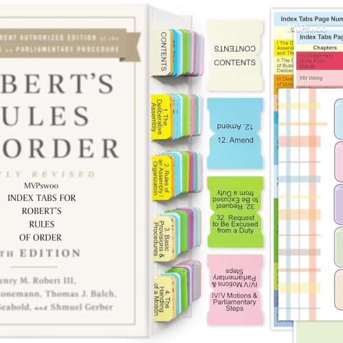 Index Tabs for Roberts Rules of Order Newly Revised, 12th Edition, 90 Color-Coded & Laminated Book Tabs with Alignment Guide (Book Not Included), Repositionable and Long-Lasting