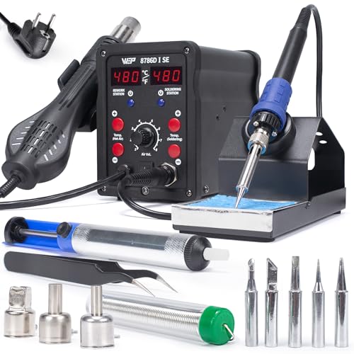 WEP 8786D-I SE Kit station de soudage à air chaud 2-en-1 pour réparation, désoudage avec fil de soudure sans plomb, 5 pointes de soudure, 3 bouches d'air chaud,...