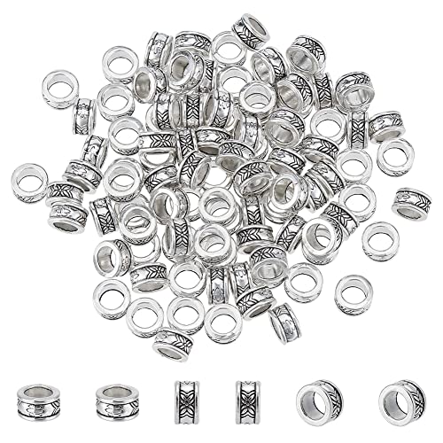 PandaHall Elite 100pcs Perles d'Espacement Tibétaines 8mm en Alliage d'Argent Antique - Intercalaires Européennes à Grand Trou pour Bijoux Bracelet Collier,...