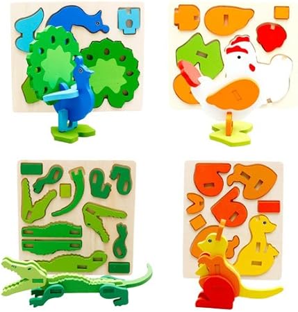 Amazon わくわく堂 木製 動物パズル 3d オブジェ アニマル おもちゃ キッズ 手作り 木のおもちゃ 4点セット 立体パズル おもちゃ