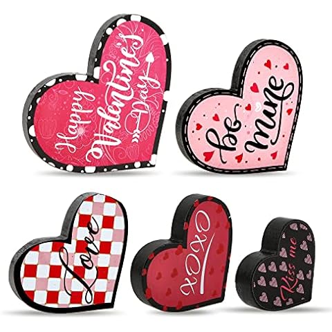 5 Pieces Of Heart Sign Wood – Freestanding Red Wooden Hearts For Valentines Day Centerpiece Decorations For Home Tray Table Door Wedding Valentine’s Party Birthday Party (5 Designs & 5 Sizes) Cover