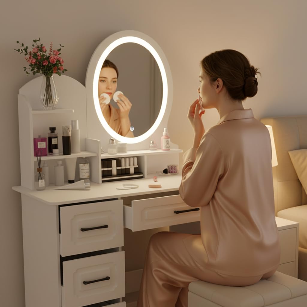 Coiffeuse avec miroir, table de maquillage avec éclairage LED, 4 tiroirs et étagères de rangement, table de maquillage blanche moderne pour la chambre, coiffeuse avec tabouret blanc