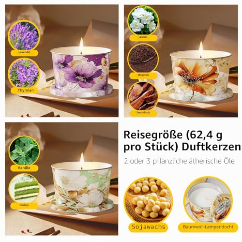 Duftkerze Scented Candles-Lavender & Thyme, Vanilla Cake, Jasmine & Musk & Sandalwood, 3 x 70g, Brenndauer ca. 30 Stunden – Bild 2