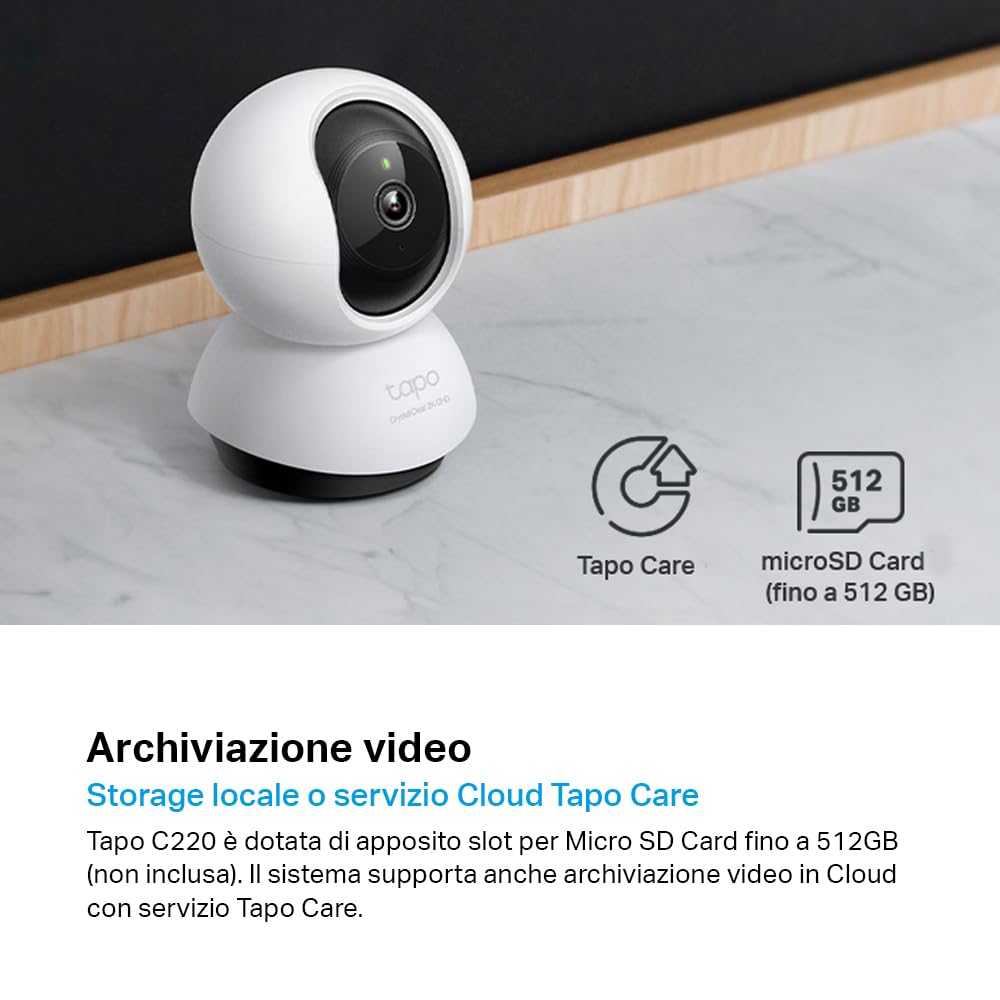 Tapo C220 Telecamera Wi-Fi Interno 2K 4MP QHD, Videocamera Sorveglianza, 360º Horizontal, Panoramica e iInclinazione, Visione Notturna, MicroSD fino a 512GB, Alexa, Google Assistant