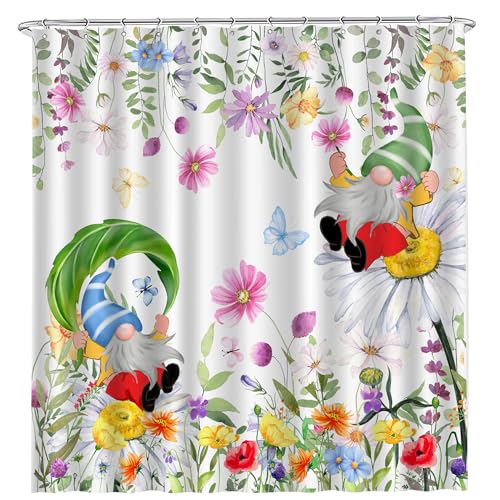 Unibyby Spring Floral Shower Curtain Farmhouse Gnomes with Flowers Curtain for Bathroom Seasonal Wildflower Summer Waterproof Bath Curtains with Hooks for Decor Housewarming Gifts 71x84 Inches