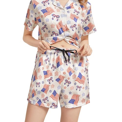 Image of Silk Satin Pajama Set for Women Summer Lounge Pjs Sets 2 Piece Suit Ladies Button Down Tops And Shorts Sleepwear