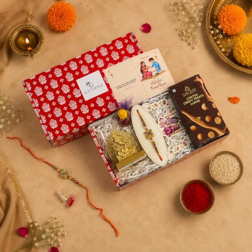 Image of Giftana Rakhi Gift Set for Brother with Radha Krishna Rakhi, Ganesh Ji Idol, Raksha Bandhan Greeting Card Gift Set, Raksha Bandhan Gift Combo for Bhai & Bhaiya