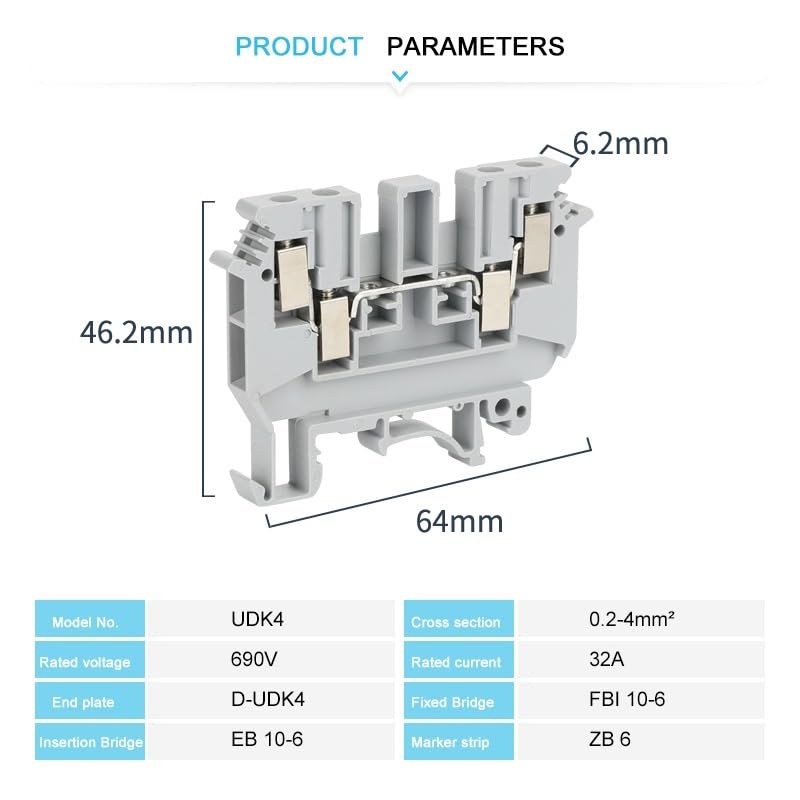 UDK-4 Screw-on DIN Rail Terminal Blocks 2 Inputs 2 Outputs Wire Connector Feed-Through 4-Conductor UDK4(Fixed Bridge FBI10-6,2 pcs)