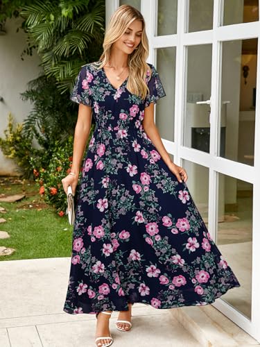 Image of Simplee Womens Floral Maxi Dress - Short Sleeve Summer Boho Wedding Guest Dress Empire Waist Chiffon Modest Midi Dresses