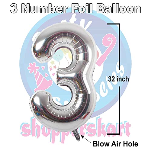 Image of Silver 32 Inches 3 Numbers Shape Large Big Foil Helium Balloons For Party Decorations In Happy Birthday Anniversary Office Items Materials Set Pack, Pack Of 1