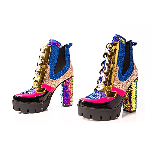 Cape Robbin NELL GLITTER CHUNKY HIGH HEEL PLATFORM LACE UP BOOT MERMAID