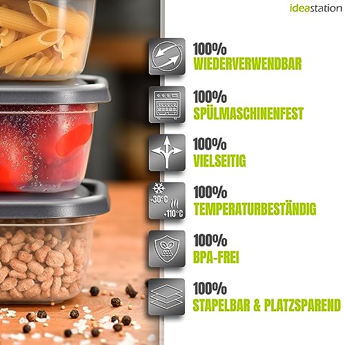 idea-station Gefrierdosen 300ml mit Deckel 12 Stück - anthrazit - stapelbare Dosen mit Deckel - kleine Frischhaltedosen - Behälter zum Einfrieren