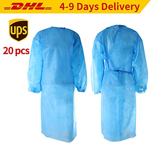 20PCS Disposable Isolation Gowns White, Protective Gown Coverall, Elastic Cuff, Non-Woven, Disposable Cleaning Gowns for Work, Painting, Outdoors, etc