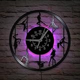 TIMEGLOW Pole Dancing Wall Clock, 7 Colors LED Lighting 12 Inch Sexy Female Dancers Wall Clock, Silent Quartz Non Ticking Modern Decorative Night Light Vinyl Record Wall Clock for Pole Dancers Gifts
