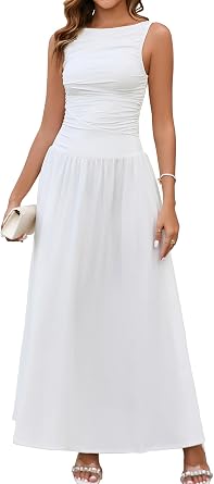EYNMIN Summer Sleeveless Long Dress Crewneck Ruched Tank Flowy A Line Casual Formal Wedding Guest Dresses for Women