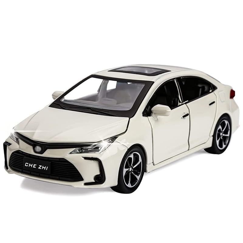 Image of Kids Model 1:32 Corolla Die Cast Metal Car Pull Back Action Opening Doors with Realistic Engine Sound Lights Toy Car Gift for Boys - White