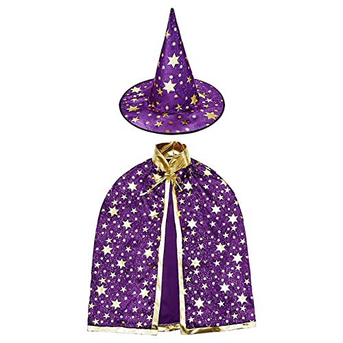 HREDZEO Wizard Kinder Halloween Kostüm,Zauberer Umhang mit Hut Halloween Requisiten Set mit Hexenumhang Sternenmuster geeignet für Kinder Jungen Mädchen für Cosplay Cover