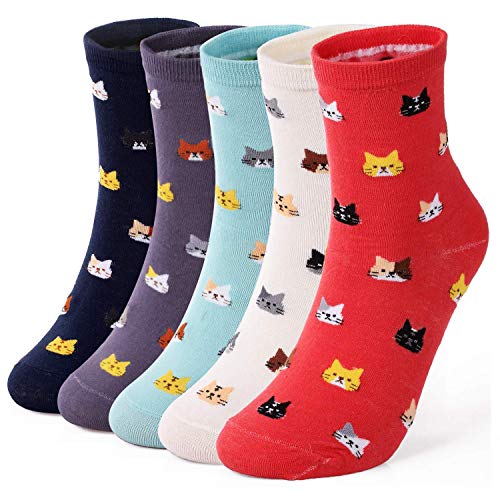 ElifeAcc 5 Pares Mujeres Tejido de invierno Espesar Calcetines de algodón cálido Calcetines térmicos Patrones variados Reino Unido 4-6.5 UE 35-39 ?Gatos-5 pares?