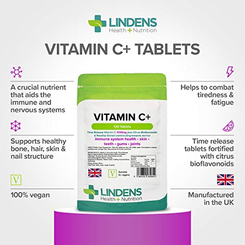 Lindens Vitamin C+ 1000mg - 120 Tablets - Time Release Tablets with Citrus Bioflavonoids and Rosehip - Contributes to Immune System Health, Reduces Tiredness and Supports Healthy Skin and Teeth - Image 2