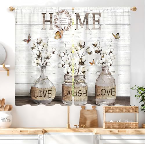 Famiffty Farmhouse Vintage Cotton Kitchen Curtains 26W X 36L Inch 2 Panels Rod Pocket Retro Country Wood Rusitc Small Short Cafe Curtain Inspirational Window Drapes Treatment Bathroom Home Decor