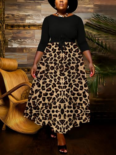 Image of Hostoyo Women Plus Size Formal A Line Maxi Dress Self Tie Waist with Pockets Elegant Round Neck Swing Long Dresses