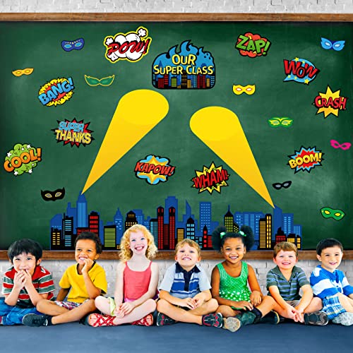Image of Super Theme Hero Classroom Bulletin Board Decorations Super Theme Hero Cityscape Sayings School Boards Cutouts Heroes Cutouts Classroom Holiday Bulletin Board Decor