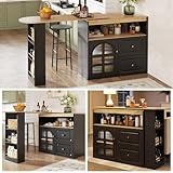 kozamas 360° Drehbare & Ausziehbare Essbar mit Bogenglas & 2 Schubladen, Sideboard Schwarz, 138-204x39x104 cm, Snackregal, Für Wohnzimmer Esszimmer Schlafzimmer