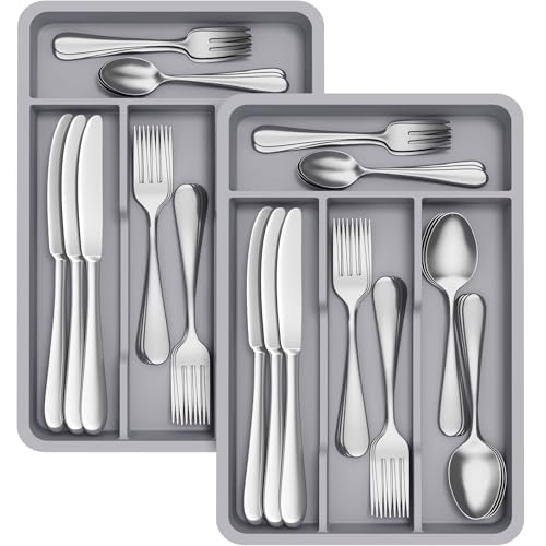 Lifewit Pequeño Bandeja Cubiertos, Porta Cubiertos con 4 Compartimentos, Cajon Organizador Cubiertos de 19,8x31,5cm, Separador Cubiertos Cocina Plástico con Cuchara/Tenedor/Cuchillo, Lot de 2 Gris