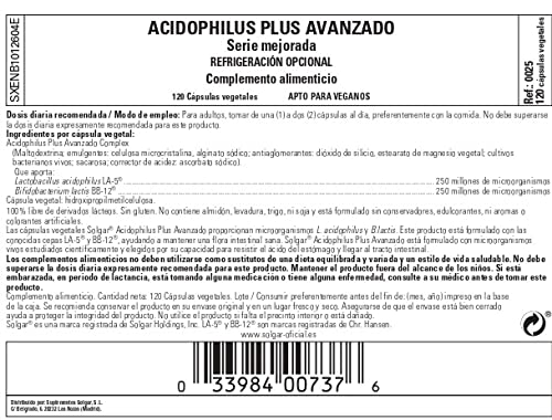 Solgar Advanced Acidophilus Plus, 120 Vegetable Capsules - Supports Healthy Intestinal Flora - 500 Million Microorganisms Per Serving - Gluten & Dairy Free - Vegetarian - 120 Servings #TOP4